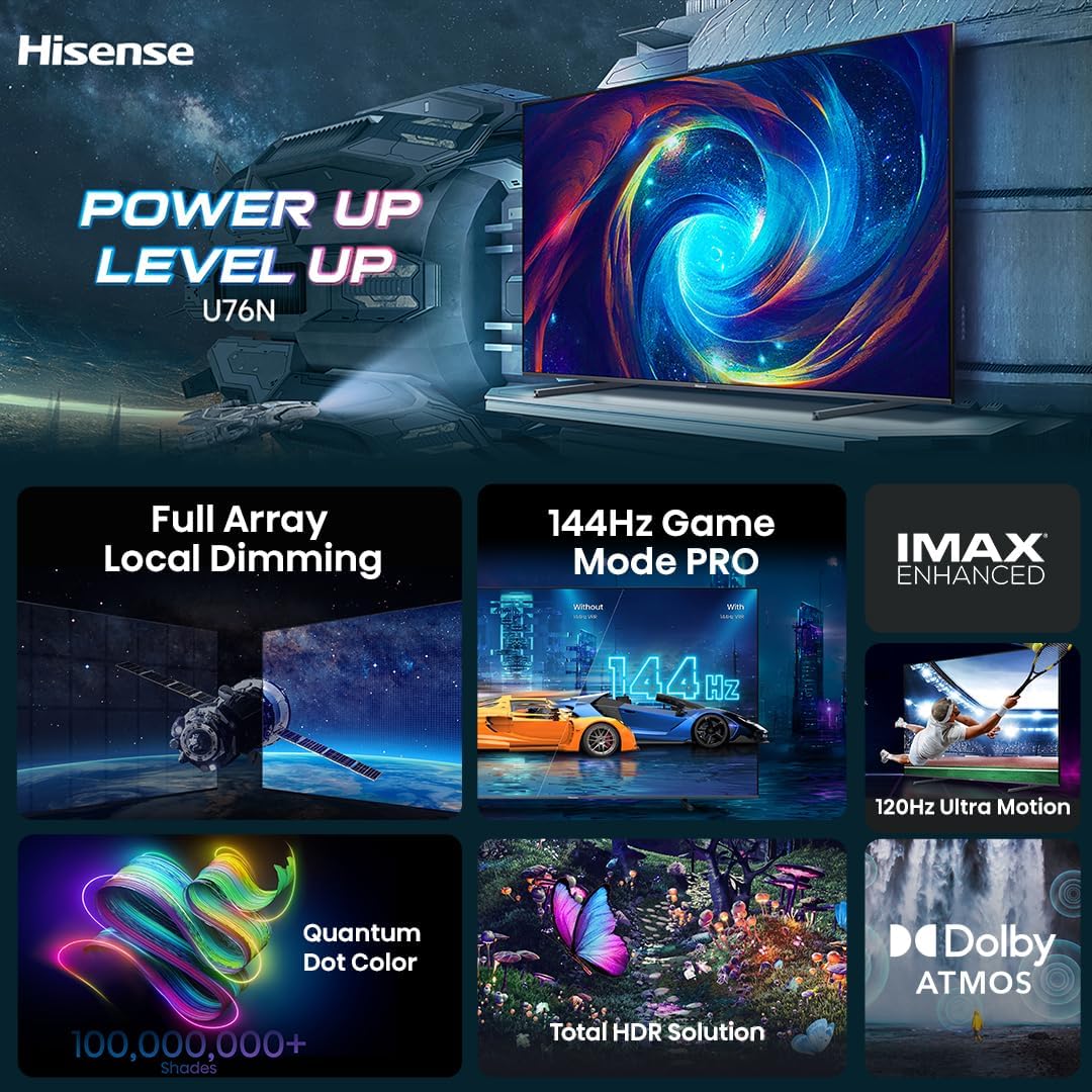 Hisense 100-Inch Class U7 Series ULED 4K UHD Google Smart TV (100U76N) - QLED, Native 144Hz, Motion Rate 480, Dolby Vision, Full Array Local Dimming, Game Mode Pro, Alexa Compatibility