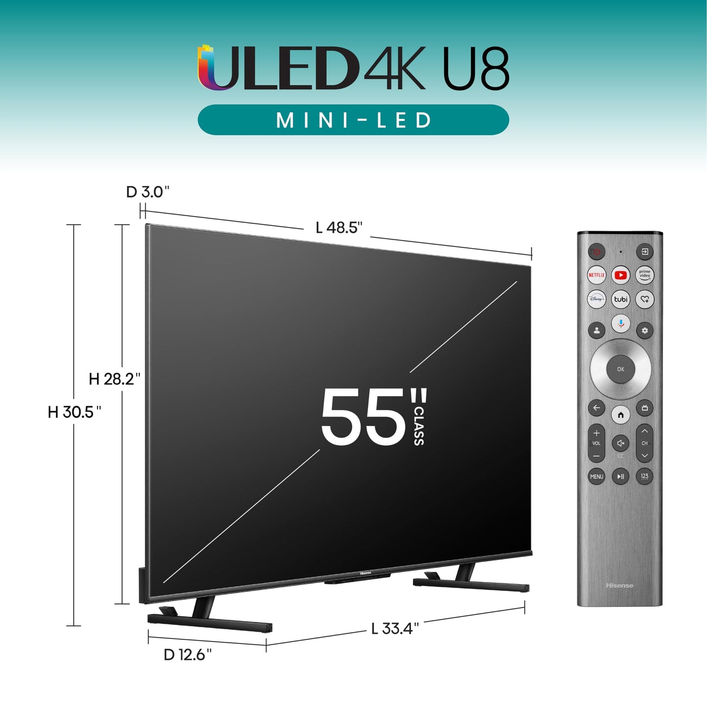 Hisense 55-Inch Class U8 Series Mini-LED ULED 4K UHD Google Smart TV (55U8N) - QLED, Dolby Vision IQ, Dolby Atmos, Full Array Local Dimming Pro, 144Hz Game Mode Pro, Alexa Compatibility