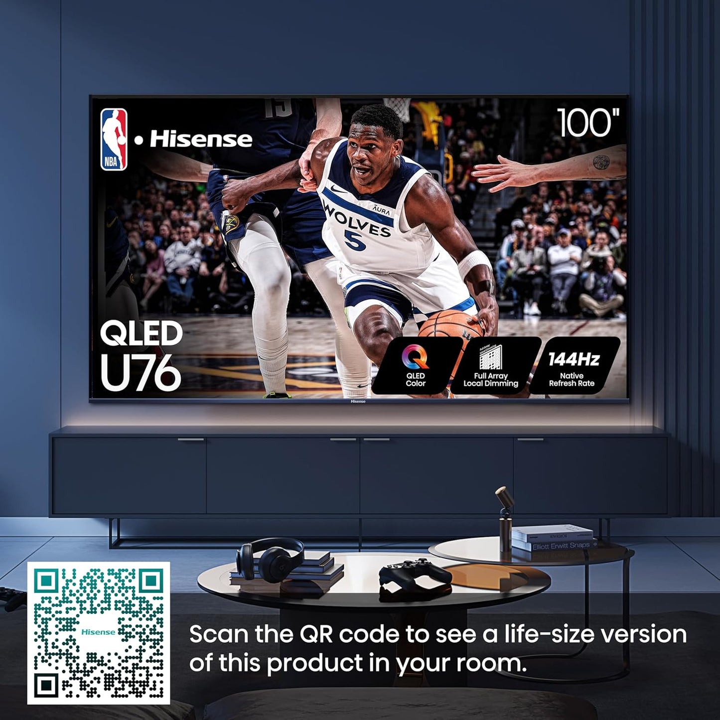 Hisense 100-Inch Class U7 Series ULED 4K UHD Google Smart TV (100U76N) - QLED, Native 144Hz, Motion Rate 480, Dolby Vision, Full Array Local Dimming, Game Mode Pro, Alexa Compatibility