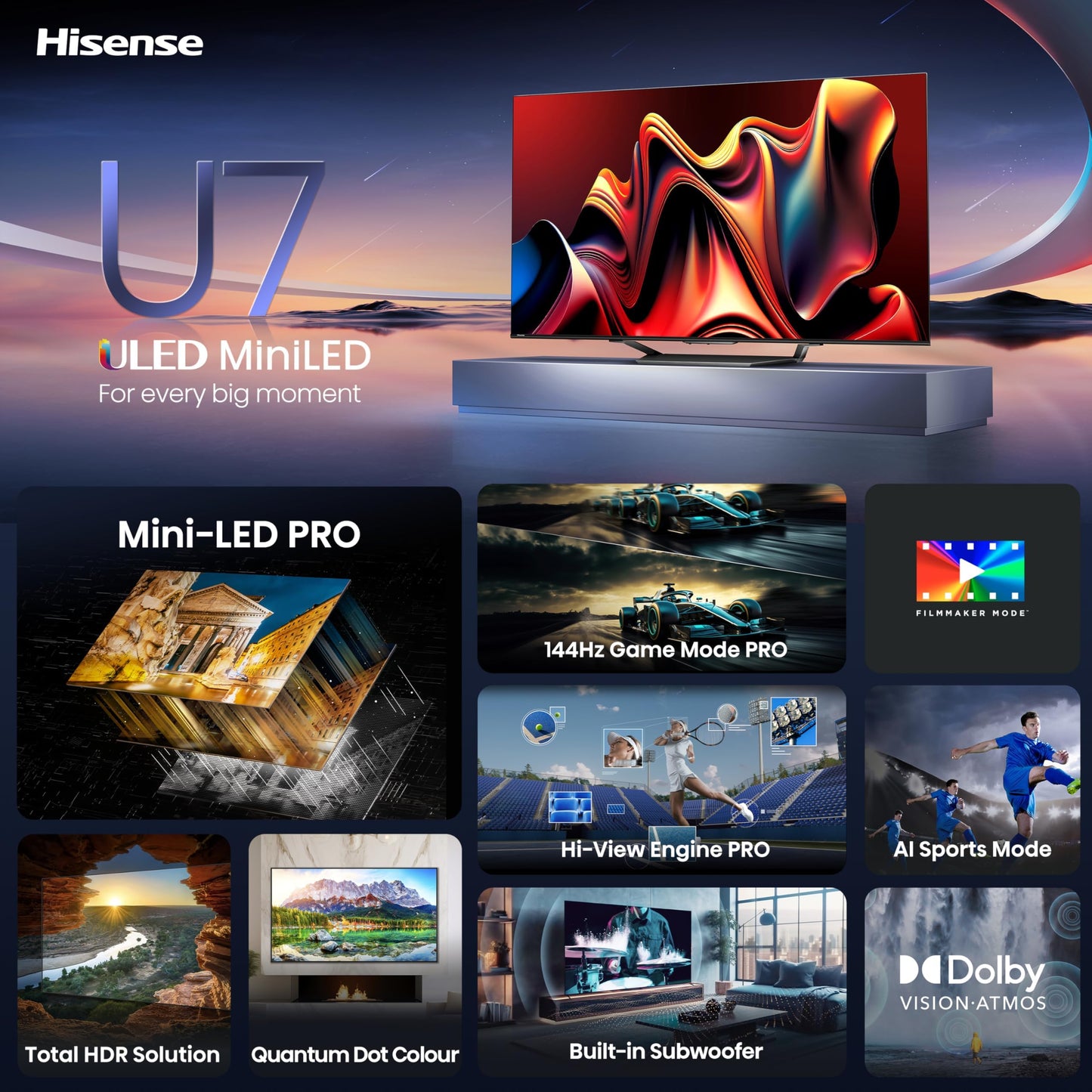 Hisense 75-Inch Class U7 Series Mini-LED ULED 4K UHD Google Smart TV (75U7N) - QLED, Dolby Vision IQ, Dolby Atmos, Full Array Local Dimming, 144Hz Game Mode Pro, VRR, Alexa Compatibility