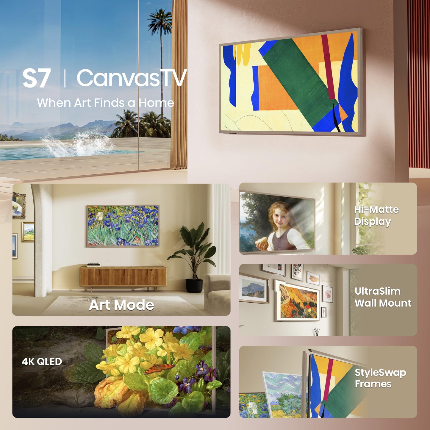 Hisense 65-Inch Class QLED 4K S7N CanvasTV™ Series Dolby Vision HDR Google Smart TV (65S7N) - 144Hz, Art Mode, Anti-Glare Panel, Hi-Matte Display, Frame & UltraSlim Wall Mount Included