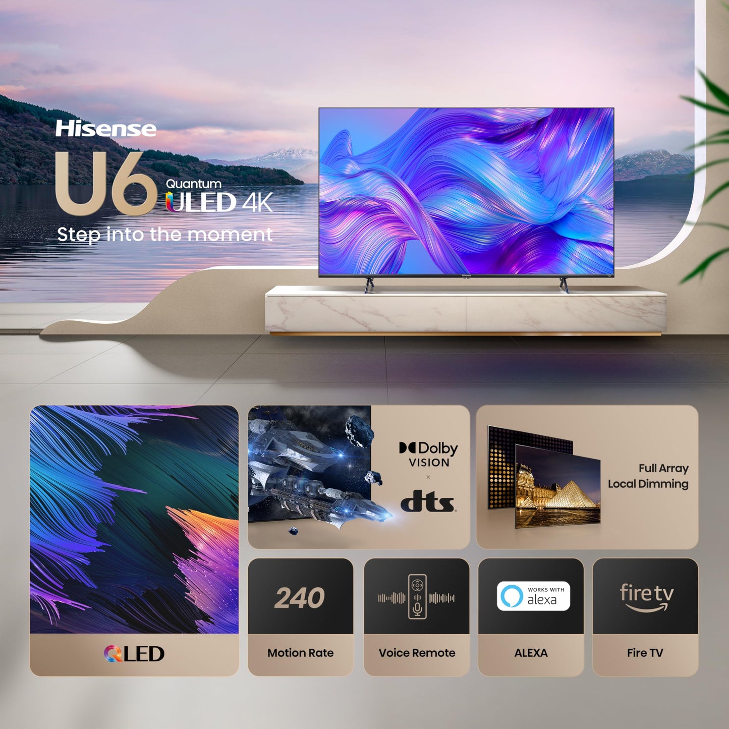 Hisense 75” Class U6 Series ULED 4K UHD Smart Fire TV (75U6HF, 2024) - QLED, Full Array Local Dimming, 600-Nit, Dolby Vision HDR 10+, HDMI 2.1, MEMC, 240 Motion Rate with VRR, Alexa Compatibility
