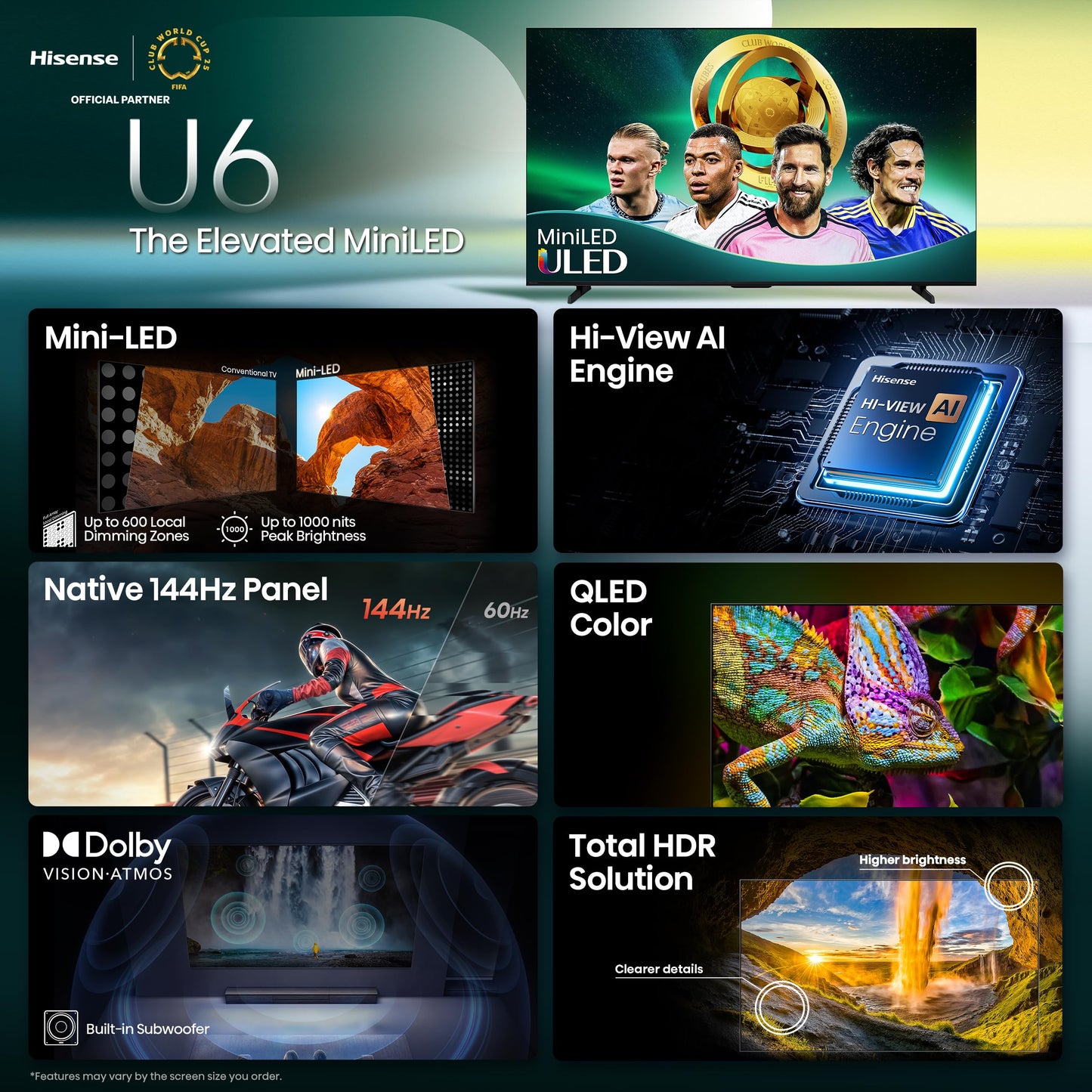 Hisense 65" Class U6 Series Mini-LED 4K UHD Smart Fire TV (65U65QF, 2025 Model) - QLED, Native 144Hz, HDR10+, Dolby Vision IQ, Dolby Atmos, Game Mode Pro, ALLM, Alexa Built in, Black