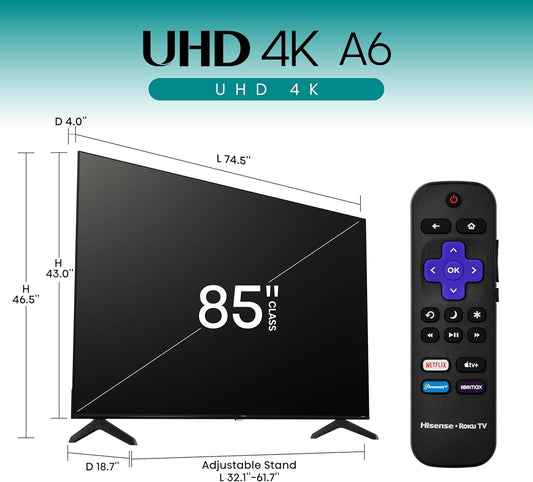 Hisense 85-Inch Class A6 Series 4K UHD Smart Roku TV (85A6NR, 2024 Model) - Dolby Vision HDR, DTS Studio Sound, Game Mode Plus, Alexa Compatibility, Black